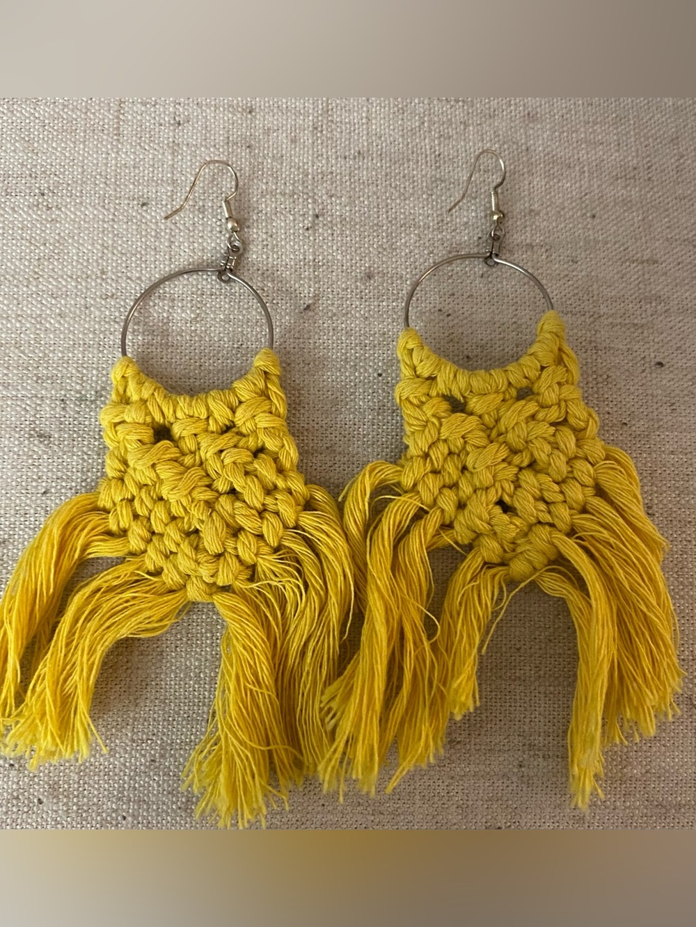 Handmade Yellow Macramé Fringe Hoop Earrings - Women Accessories